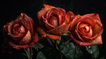 Three vibrant red roses with dew drops glistening on the petals. Created with Generative AI technologyの素材