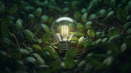 Green plant growth in light bulb. Created with Generative AI technologyの素材