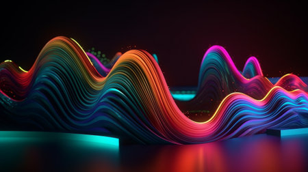 A vibrant and colorful wave of light on a dark background. Created with Generative AI technologyの素材