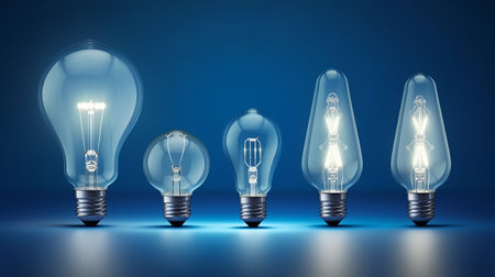 Light bulbs on blue background, ideas, genius, Illuminated Ideas, wallpaper, electricity. Created with Generative AI technologyの素材
