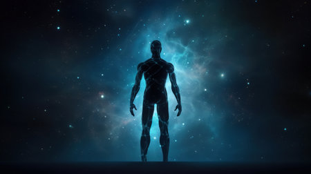 Trance or meditation or astral body concept. Spiritual human body silhouette. Created with Generative AI technologyの素材