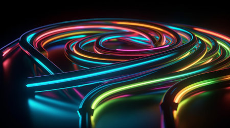 A vibrant neon light display illuminating a dark space. Created with Generative AI technologyの素材