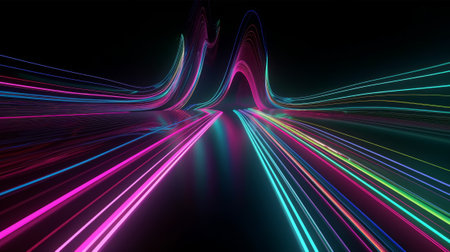 Colorful light trails in the dark captured through a long exposure. Created with Generative AI technologyの素材