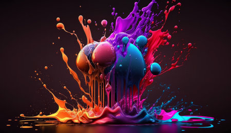 Abstract digital design with vivid liquid colors and splashes on a darker background. Created with Generative AI technologyの素材