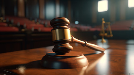 Justice Served: Gavel on Wooden Desk in Courtroom. Created with Generative AI technologyの素材