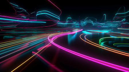 A vibrant cityscape at night, captured with a long exposure technique for a mesmerizing effect. Created with Generative AI technologyの素材