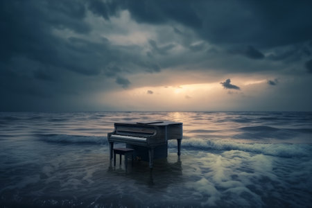 Surreal sea scene with piano on the water at dusk. Created with Generative AI technologyの素材