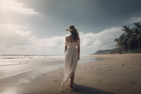 Surfer girl walking forward on a beautiful sandy beach, carrying a surf. Created with Generative AI technologyの素材