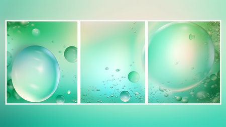 Three bubble paintings on a green background. Created with Generative AI technologyの素材