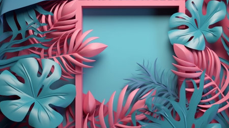 A colorful picture frame with tropical foliage background. Created with Generative AI technologyの素材