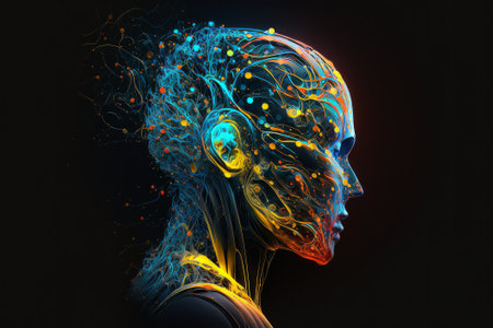 Head silhouette with glowing neuronal network. Created with Generative AI technologyの素材