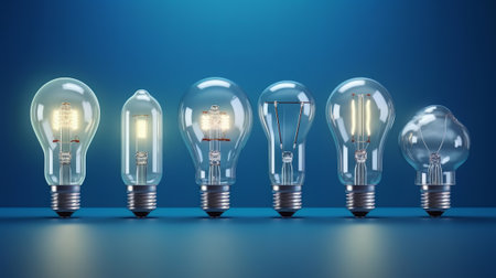 Light bulbs on blue background, ideas, genius, Illuminated Ideas, wallpaper, electricity. Created with Generative AI technologyの素材