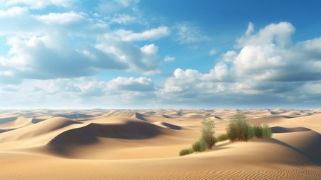 A serene desert landscape with sandy dunes and sparse trees. Created with Generative AI technologyの素材