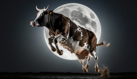 A cow jumps in front of the moon. Jumping cow in the background of the moon. AI generated. Created with Generative AI technologyの素材