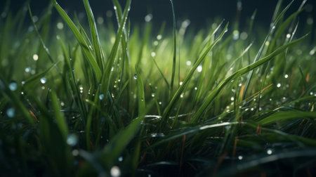 On a green lawn in the early foggy morning. Created with Generative AI technologyの素材