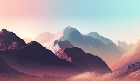 Beautiful colorful sunset over the snowy mountain range and pine tree forest. Nature landscape. Created with Generative AI technologyの素材