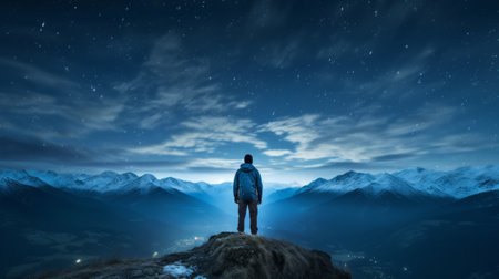 A man standing on top of a mountain under a night sky. Created with Generative AI technology