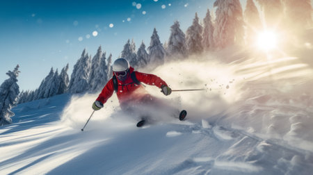 A skier skiing down a snowy slope with mountains in the background. Created with Generative AI technologyの素材