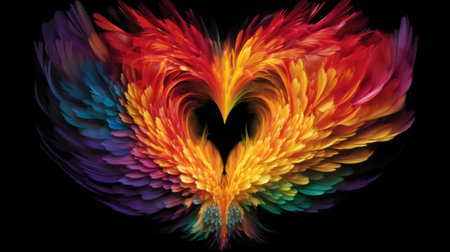 A colorful heart made of feathers on a black background. Created with Generative AI technologyの素材