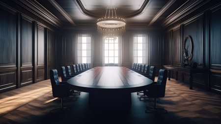 Professional luxury conference room with table. Created with Generative AI technologyの素材