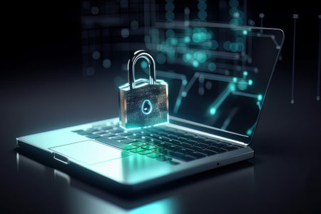 Cyber network concept, holding global network security. Safety, Closed Padlock on digital. Cyber security, information privacy and data protection concept on server room background. Generative aiの素材
