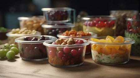 Healthy food served in small containers. Meal prep, portion control, diet, nutrition, fresh, whole foods, healthy eating. Generative of AI. Generative aiの素材
