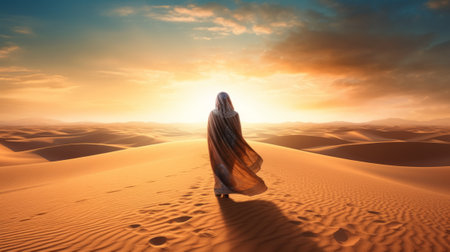 A woman in a flowing dress wandering through the vast expanse of the desert. Generative aiの素材