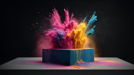 Advertising poster with cosmetic powder of different colors, with particles flying in all directions after the explosion. Generated AI. Generative aiの素材