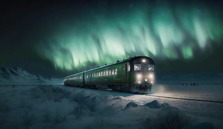 A passenger train rides in the arctic north in the snow against a backdrop of glowing northern lights at night, stars in the sky. Created with Generative AI technologyの素材