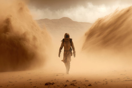 Walking In A Sandstorm. Created with Generative AI technologyの素材