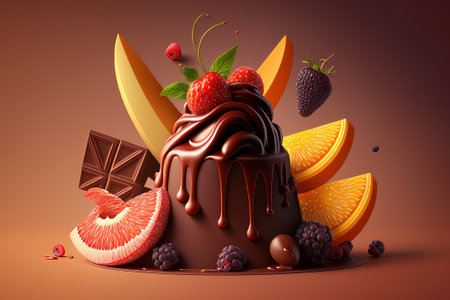 A chocolate cake with strawberries and chocolate sauce on a plate with a flower chocolate decoration on the side of the cake, and chocolate swirly decoration on the edge of the plate. Created with Generative AI technologyの素材