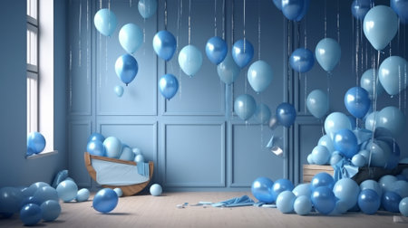 Birthday background with balloons. Illustration AI Generative. Created with Generative AI technologyの素材
