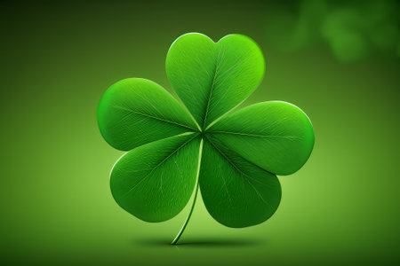 Four-leaf green clover for good luck on St. Patrick's Day, bright green background. Created with Generative AI technologyの素材