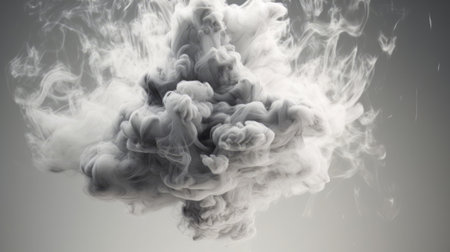 Close-up of a man spewing cigarette smoke from his mouth, black background, and space for text. Created with Generative AI technologyの素材