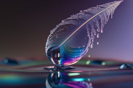 Beautiful clean transparent bright drop of water on feather in light blue and purple colors. Created with Generative AI technologyの素材