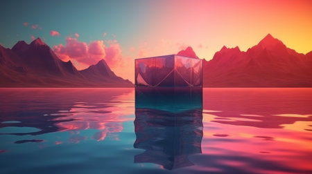 A 3D rendered cube floating in a crystal clear body of water. Created with Generative AI technologyの素材