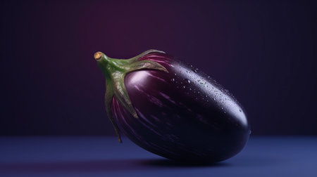Close-up view of fresh ripe organic eggplant on purple background. Created with Generative AI technologyの素材