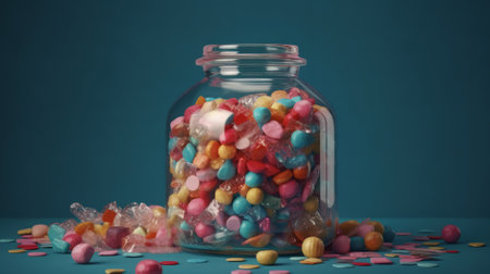 Big glass jars with sweets and lollipops on a blue background. Created with Generative AI technologyの素材