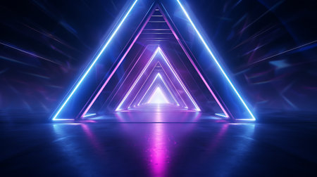 A vibrant neon triangle in a dark room. Created with Generative AI technologyの素材