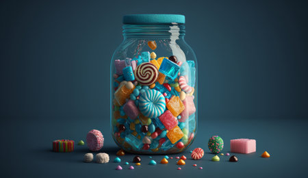 Big glass jars with sweets and lollipops on a blue background. Created with Generative AI technologyの素材