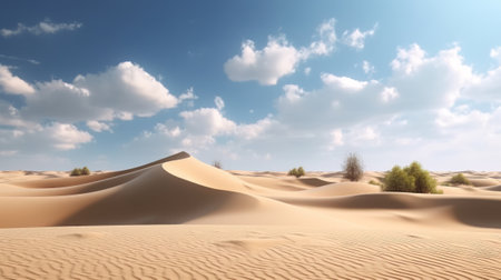 A serene desert landscape with rolling sand dunes and sparse trees. Created with Generative AI technologyの素材