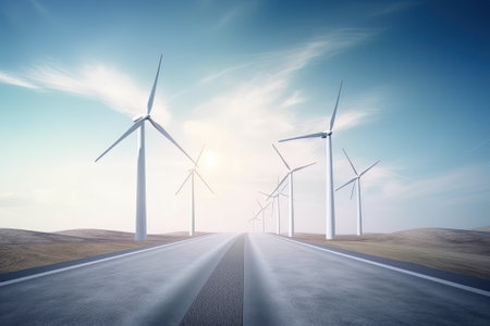 Wind turbines providing sustainable energy for the Palm Springs area in California. Cinematic highway driving shot. Created with Generative AI technologyの素材