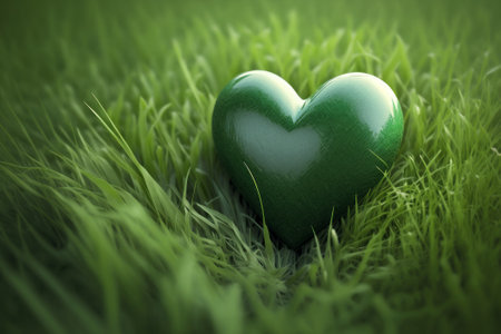 Top view green heart placed on the green grass background, copy space. Valentines Day concept. World Heart Day. Created with Generative AI technologyの素材