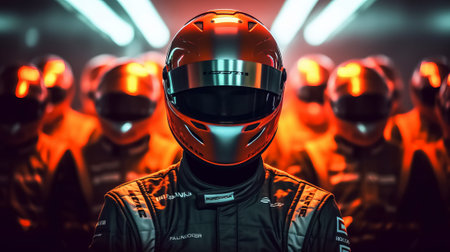 Portrait of a racing driver in a helmet. Created with Generative AI technologyの素材