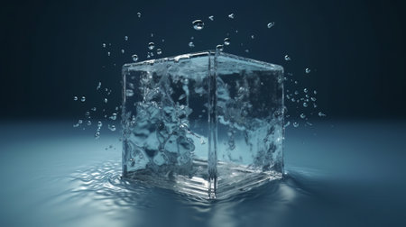 An ice cube with water droplets splashing out. Created with Generative AI technologyの素材