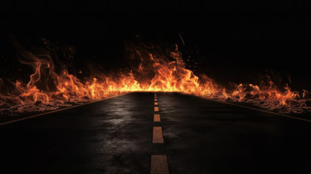 A highway engulfed in flames during a wildfire. Created with Generative AI technologyの素材