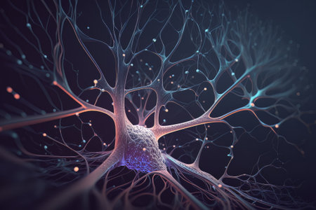 Nerve cell biology background, neuron of brain with synapses stroke disease, red and blue light. Generation AI. Created with Generative AI technologyの素材
