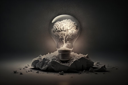 Concept of brain in a lightbulb. Creative Idea with Brain and Light Bulb. Created with Generative AI technologyの素材