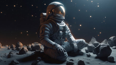 An astronaut meditating on the solar system. Created with Generative AI technologyの素材