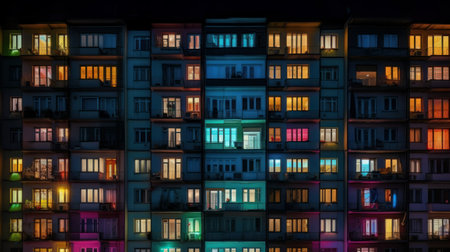 Building facade with the windows illuminated in different colors. Created with Generative AI technologyの素材